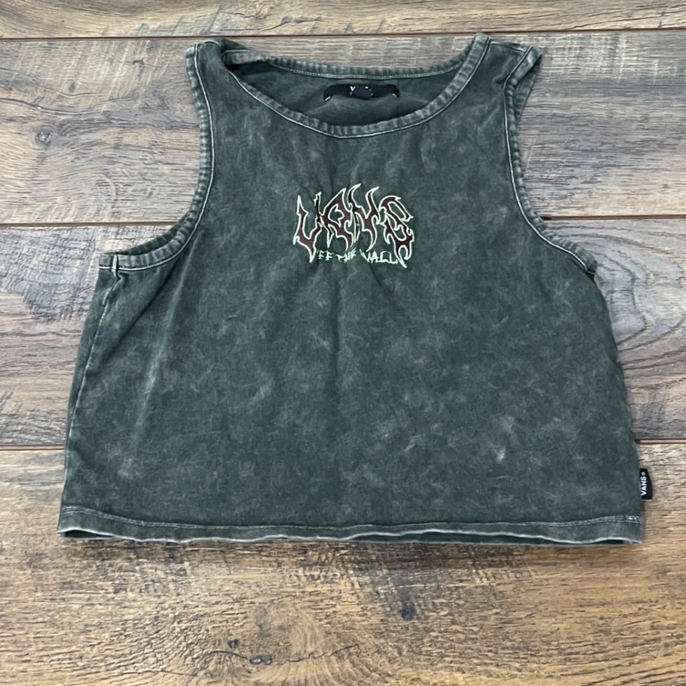 Vans Off The Wall Kids Mineral Wash Graphic Crop Tank Top Green Skater Street
